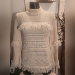 BB Dakota White Mock Neck Fringe Detailed Sweater